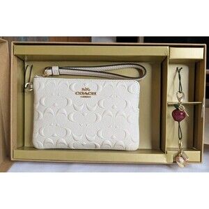 Coach Boxed Set - Embossed Wristlet (Chalk),  2 Detachable Charms (Apple, Heart)